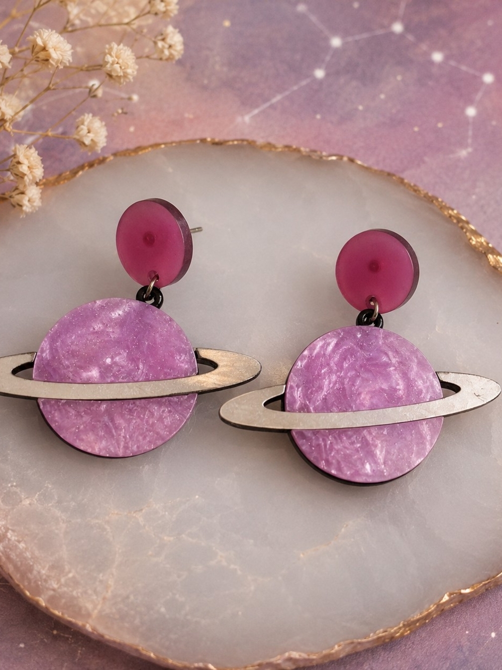 Pink Saturn Planet Acrylic Statement Earrings | Celestial Y2K New
